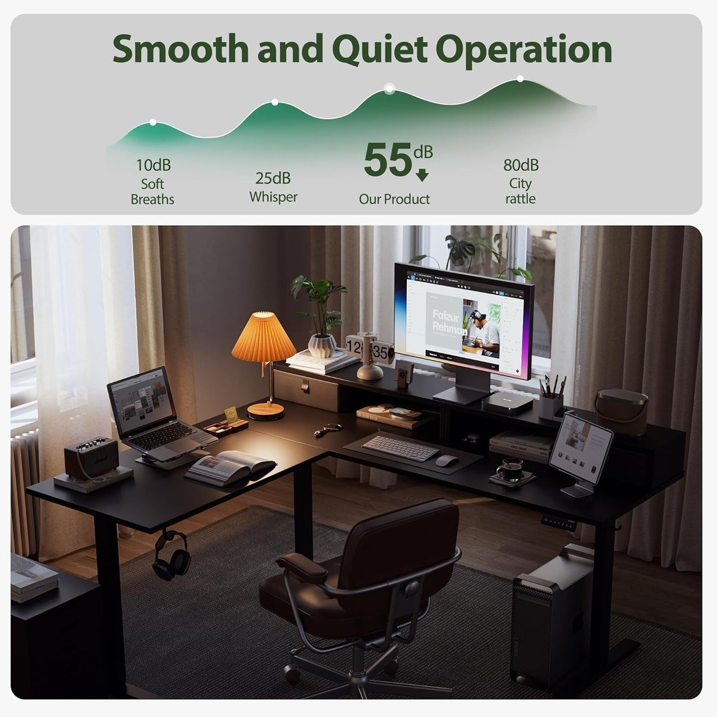 L-Shaped Electric Standing Desk | 63” Ergonomic Motorized Desk with Dual Drawers