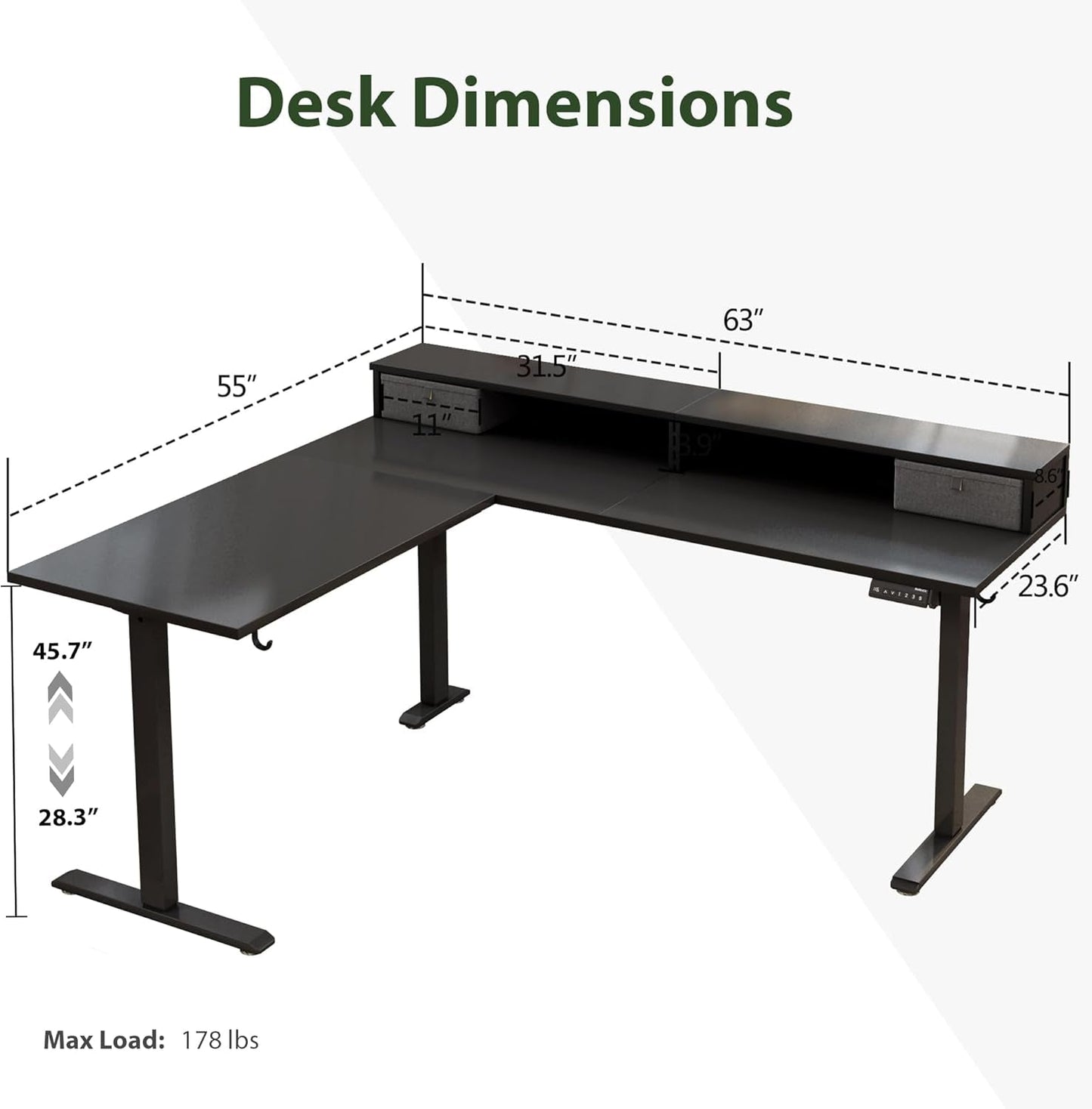L-Shaped Electric Standing Desk | 63” Ergonomic Motorized Desk with Dual Drawers