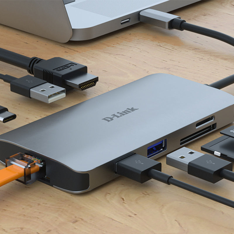D-Link DUB-M810 8-in-1 USB-C Hub – Silver Aluminum Dock with HDMI, Ethernet, SD, and Thunderbolt 3