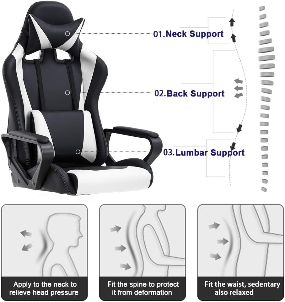White & Black Ergonomic Gaming Chair – High-Back Recliner with Lumbar Support & Tilt Lock