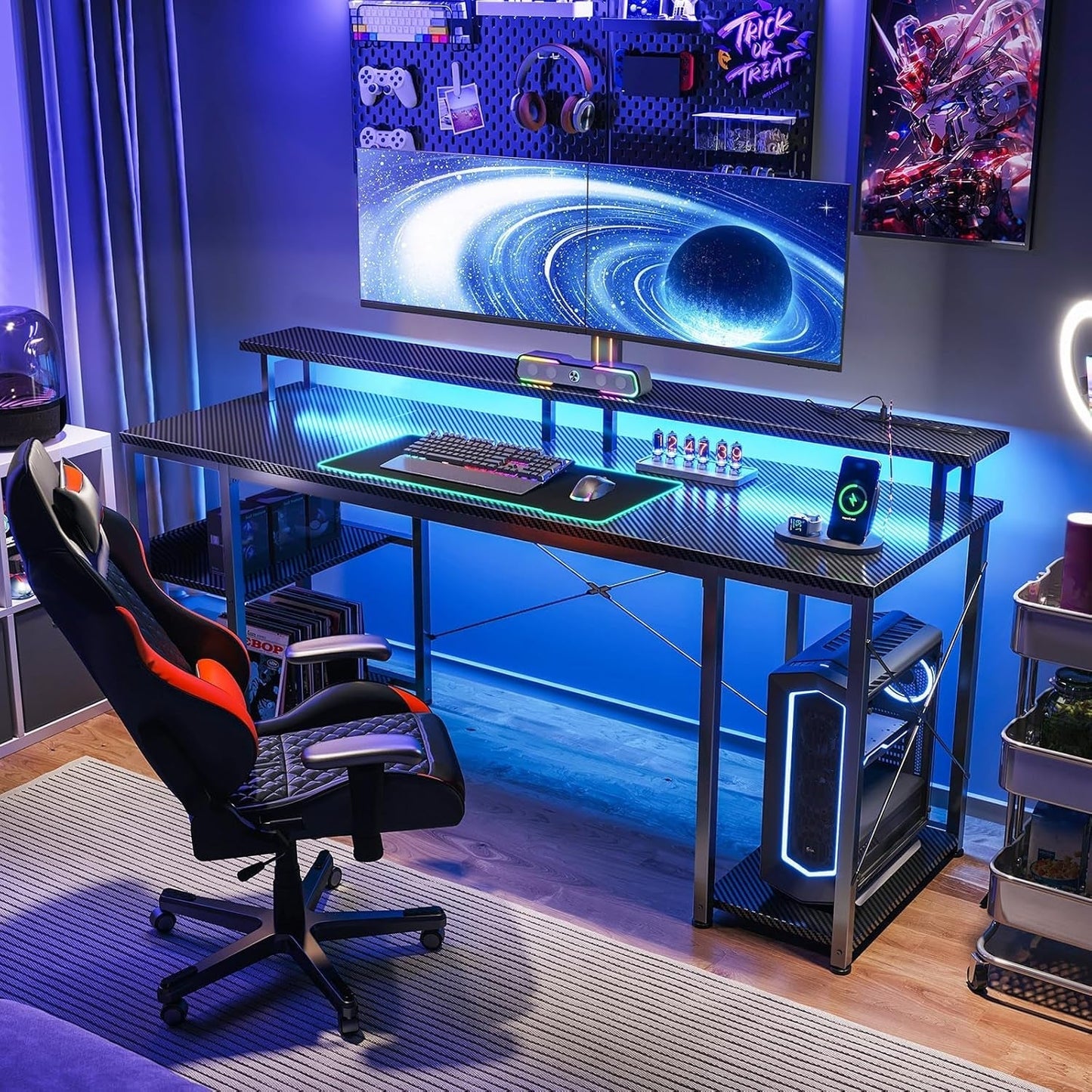 48 Inch Computer Desk with Power Outlets & LED Lights, Gaming Desk