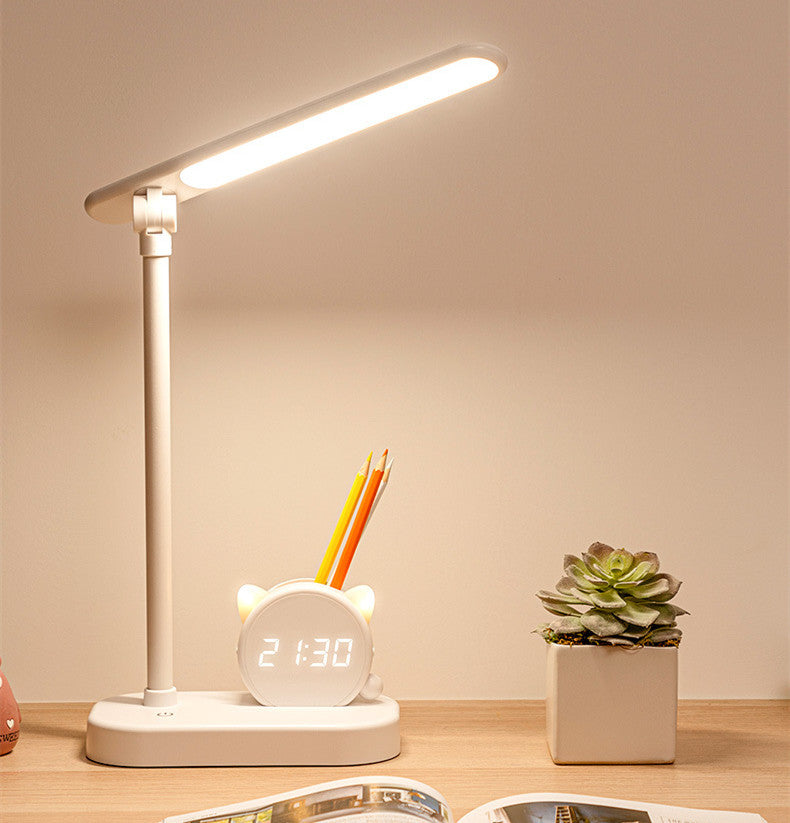 LED Eye Protection Desk Lamp Pen Holder With Clo LED Eye Protection Desk Lamp with Clock and Pen Holder – Touch Control Rechargeable Light ck