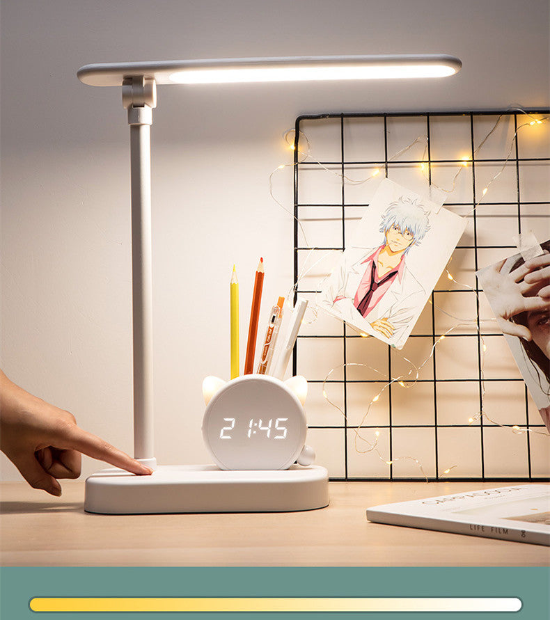 LED Eye Protection Desk Lamp Pen Holder With Clo LED Eye Protection Desk Lamp with Clock and Pen Holder – Touch Control Rechargeable Light ck