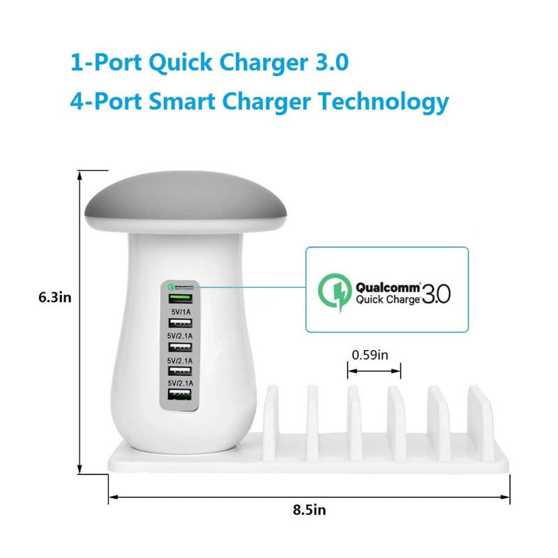 Mushroom Lamp | USB Charging Dock with LED Glow + 4-Port Fast Charging