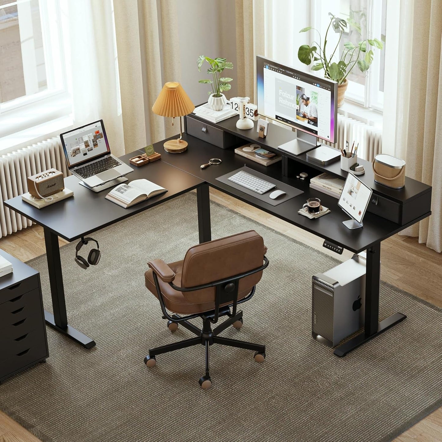 L-Shaped Electric Standing Desk | 63” Ergonomic Motorized Desk with Dual Drawers