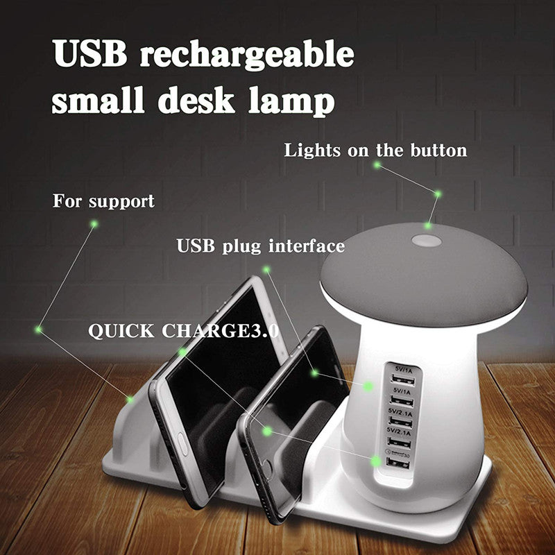 Mushroom Lamp | USB Charging Dock with LED Glow + 4-Port Fast Charging