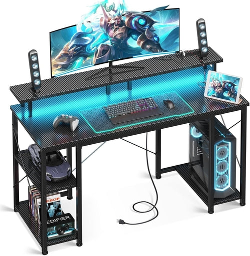 48 Inch Computer Desk with Power Outlets & LED Lights, Gaming Desk