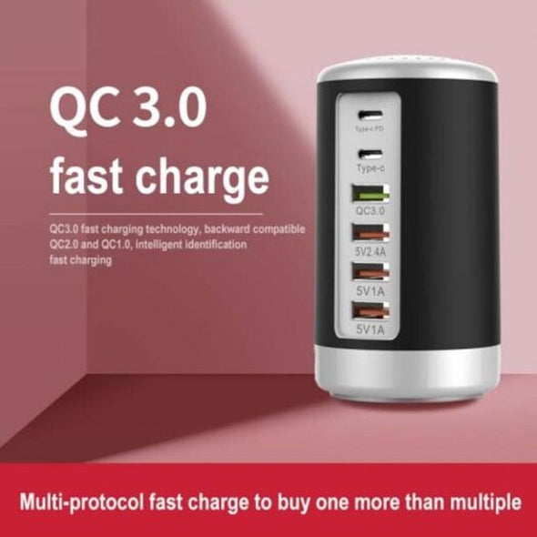 6-Port Cylindrical USB Charger – 65W Fast Charge Tower with QC3.0 & Type-C
