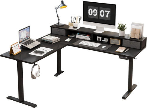 L-Shaped Electric Standing Desk | 63” Ergonomic Motorized Desk with Dual Drawers