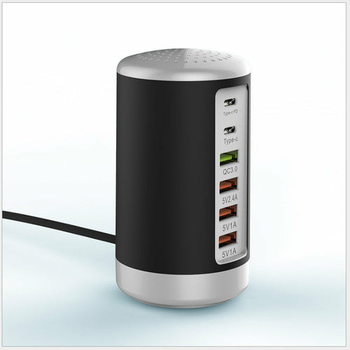 6-Port Cylindrical USB Charger – 65W Fast Charge Tower with QC3.0 & Type-C