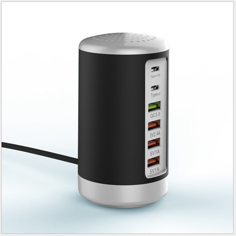6-Port Cylindrical USB Charger – 65W Fast Charge Tower with QC3.0 & Type-C