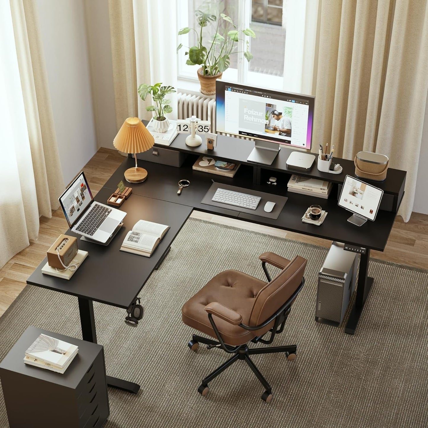 L-Shaped Electric Standing Desk | 63” Ergonomic Motorized Desk with Dual Drawers