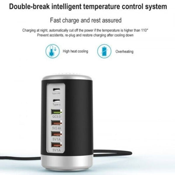 6-Port Cylindrical USB Charger – 65W Fast Charge Tower with QC3.0 & Type-C