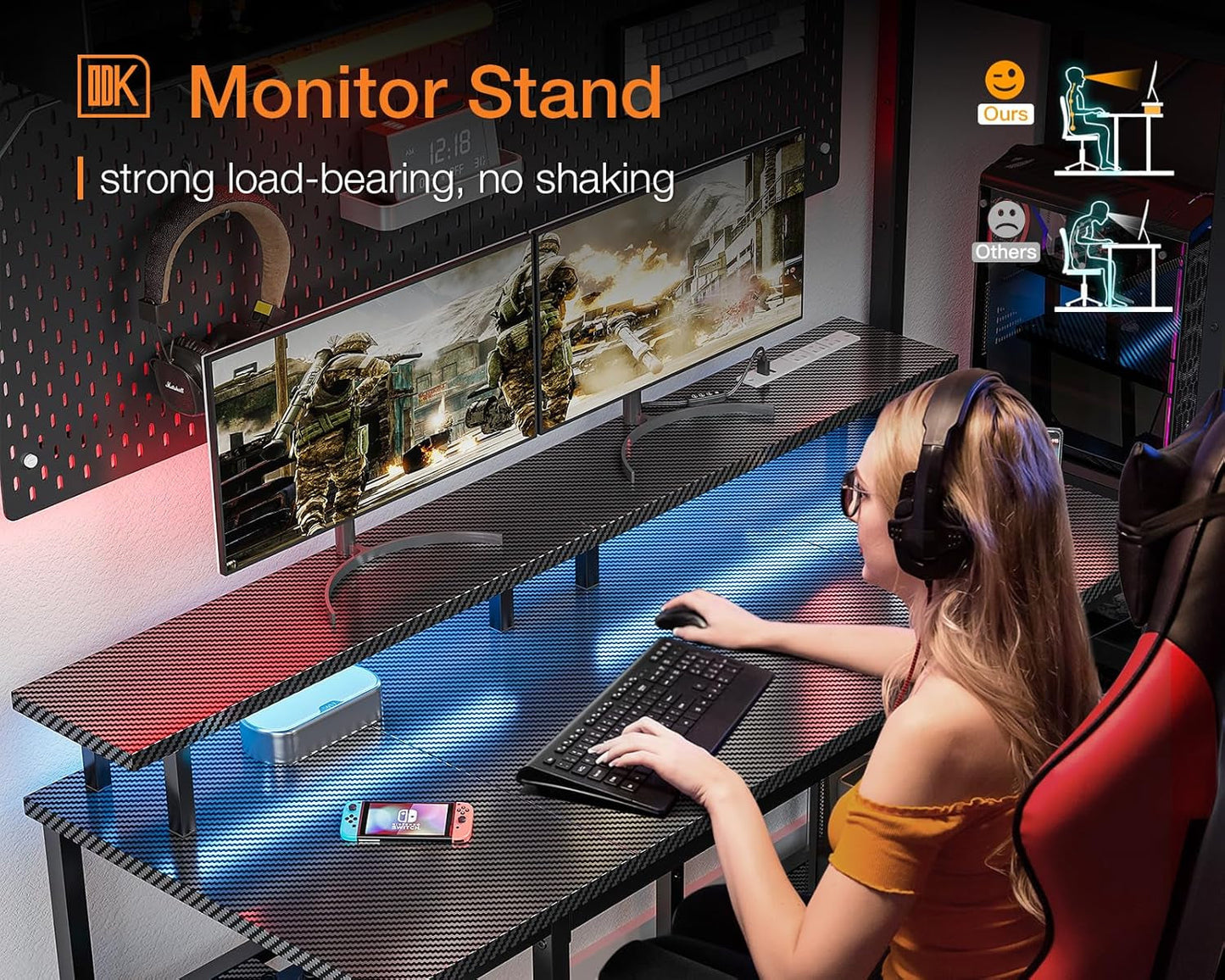48 Inch Computer Desk with Power Outlets & LED Lights, Gaming Desk