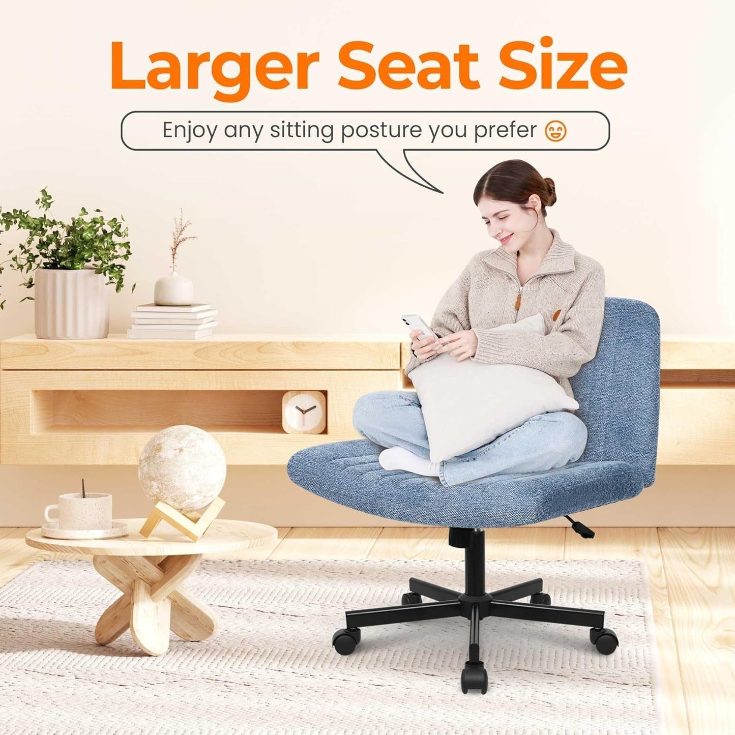 Armless Cross-Legged Office Chair with Wheels – Wide Seat, Tilt & Adjustable Height