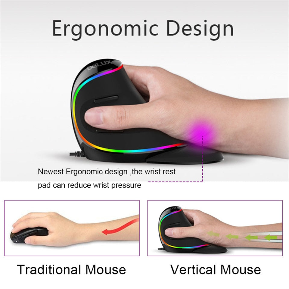 RGB Vertical Wired Mouse – Ergonomic Gaming Mouse with Adjustable DPI & LED Glow