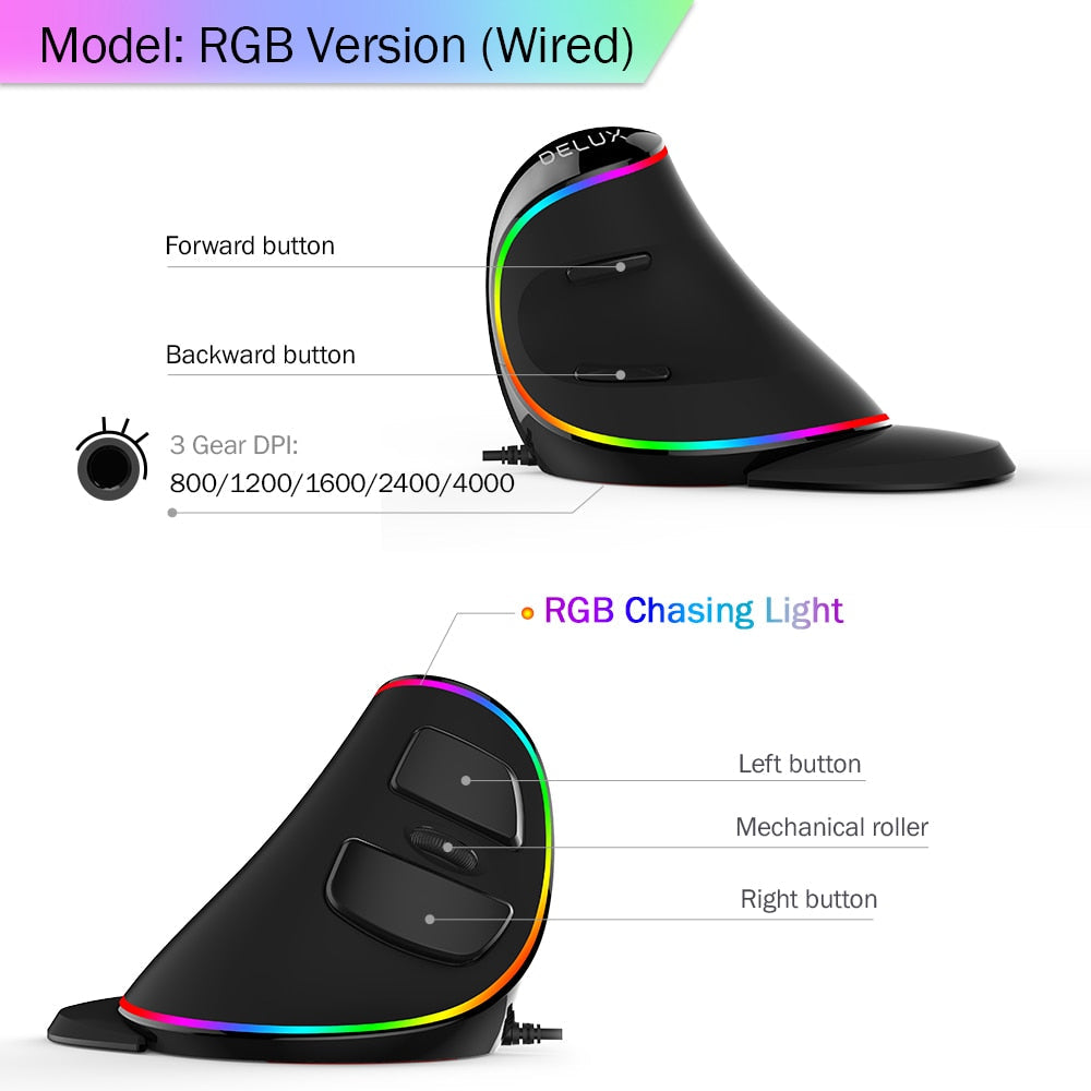 RGB Vertical Wired Mouse – Ergonomic Gaming Mouse with Adjustable DPI & LED Glow