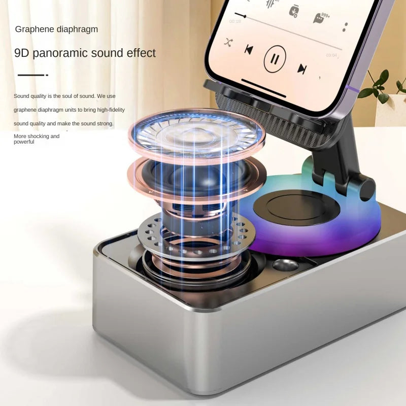 3-in-1 Phone Stand with Bluetooth Speaker & Power Bank – Rotating Dock for Desk & Travel