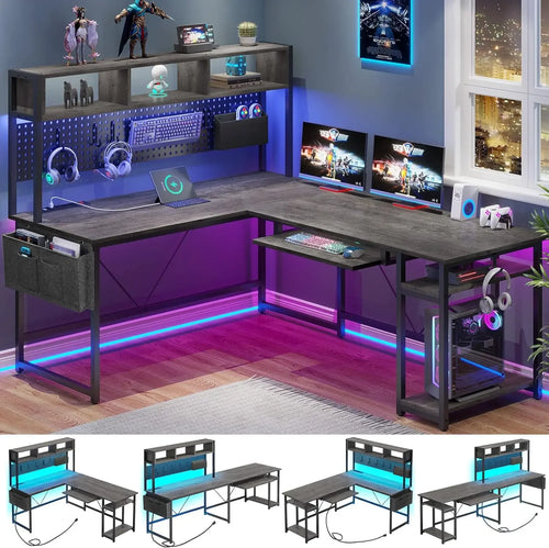 L-Shaped Gaming Desk with Power Outlets, Pegboard, and Reversible Layout (94.5” Work Surface)