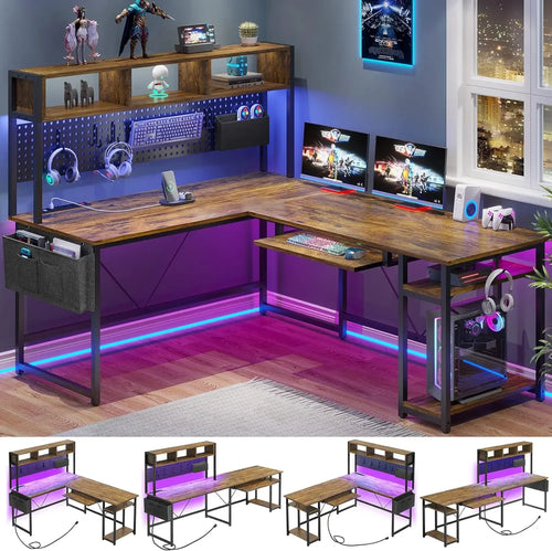 L-Shaped Gaming Desk with Power Outlets, Pegboard, and Reversible Layout (94.5” Work Surface)