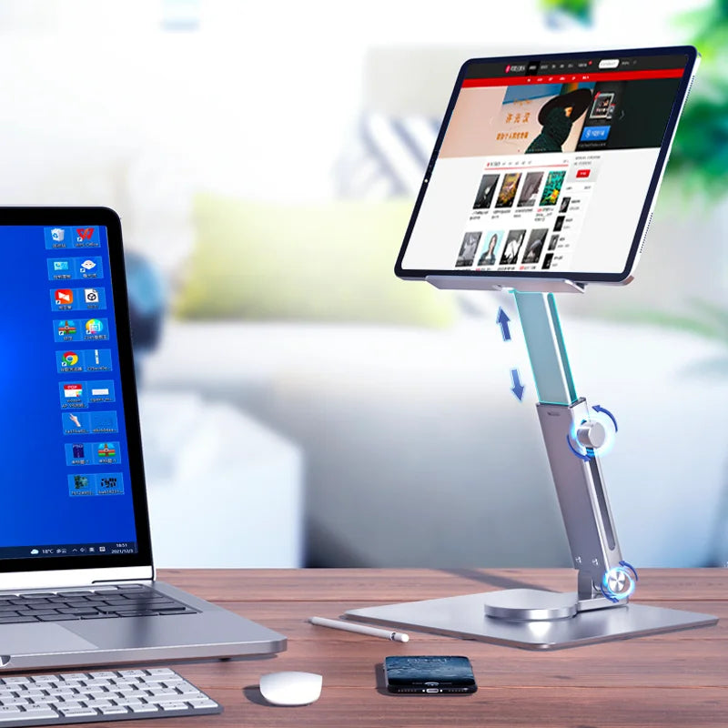360° Aluminum Tablet Stand | Foldable Desk Riser with Adjustable Height & Angle