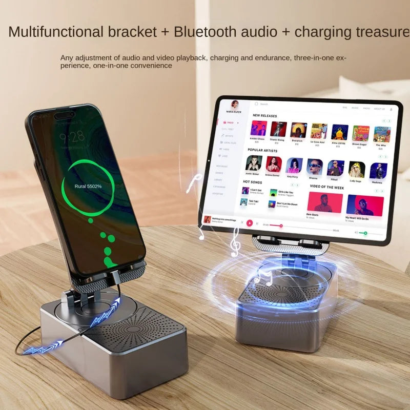3-in-1 Phone Stand with Bluetooth Speaker & Power Bank – Rotating Dock for Desk & Travel