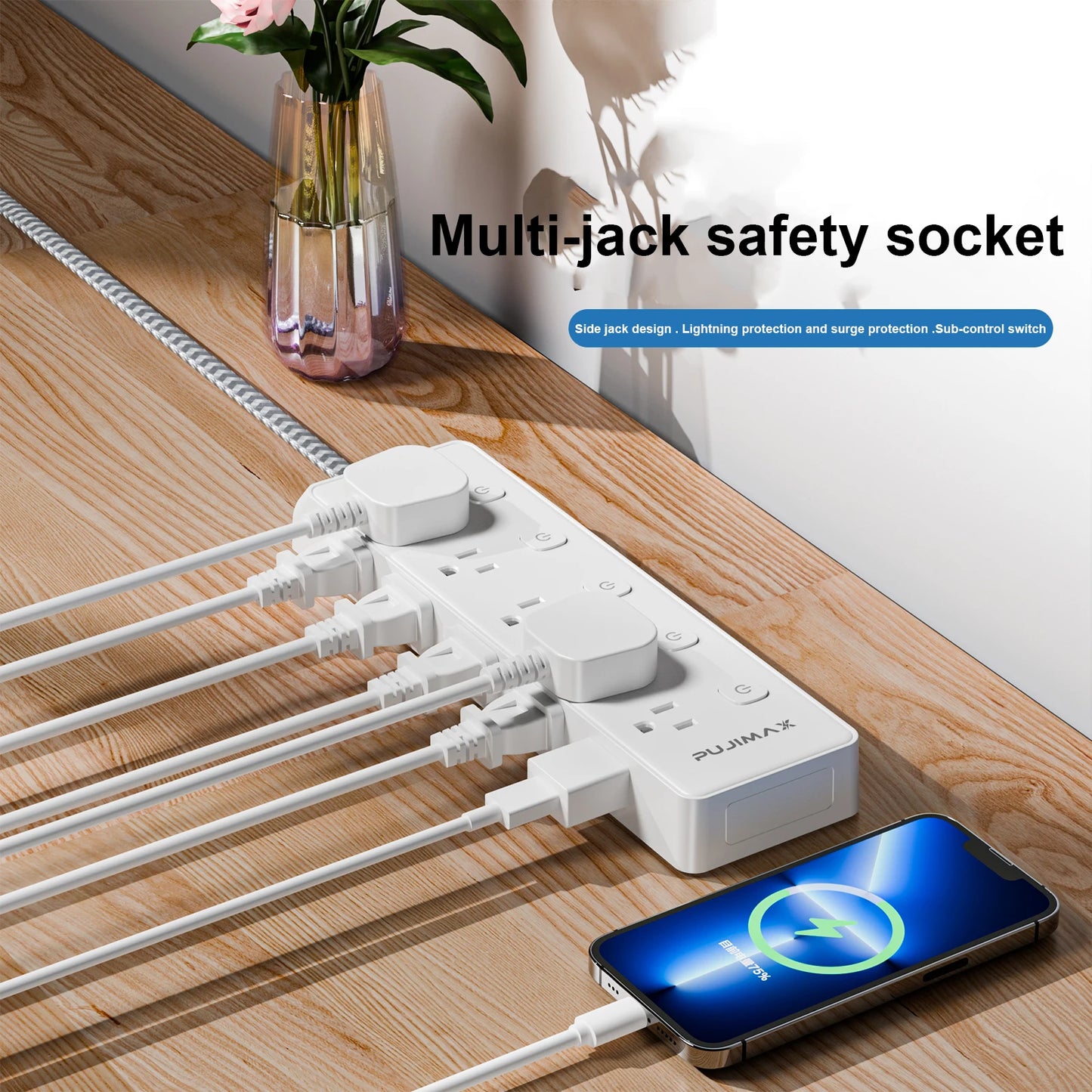 10-Outlet Braided Cable Surge Protector (1.5M) – Desk-Ready Power Hub