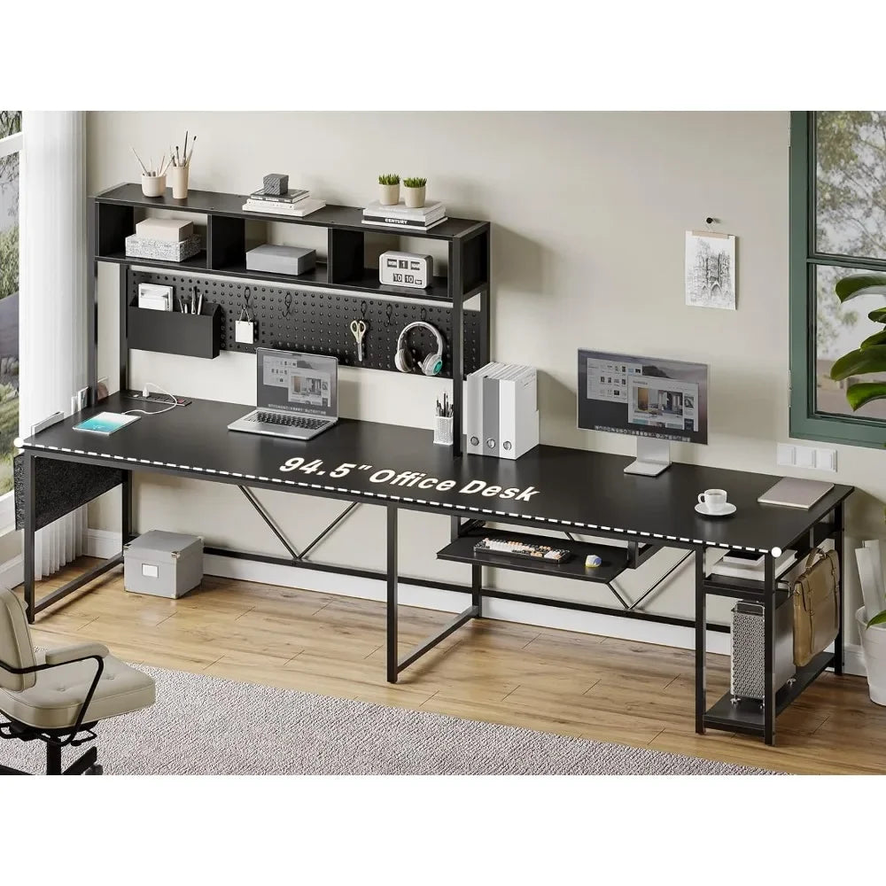 L-Shaped Gaming Desk with Power Outlets, Pegboard, and Reversible Layout (94.5” Work Surface)