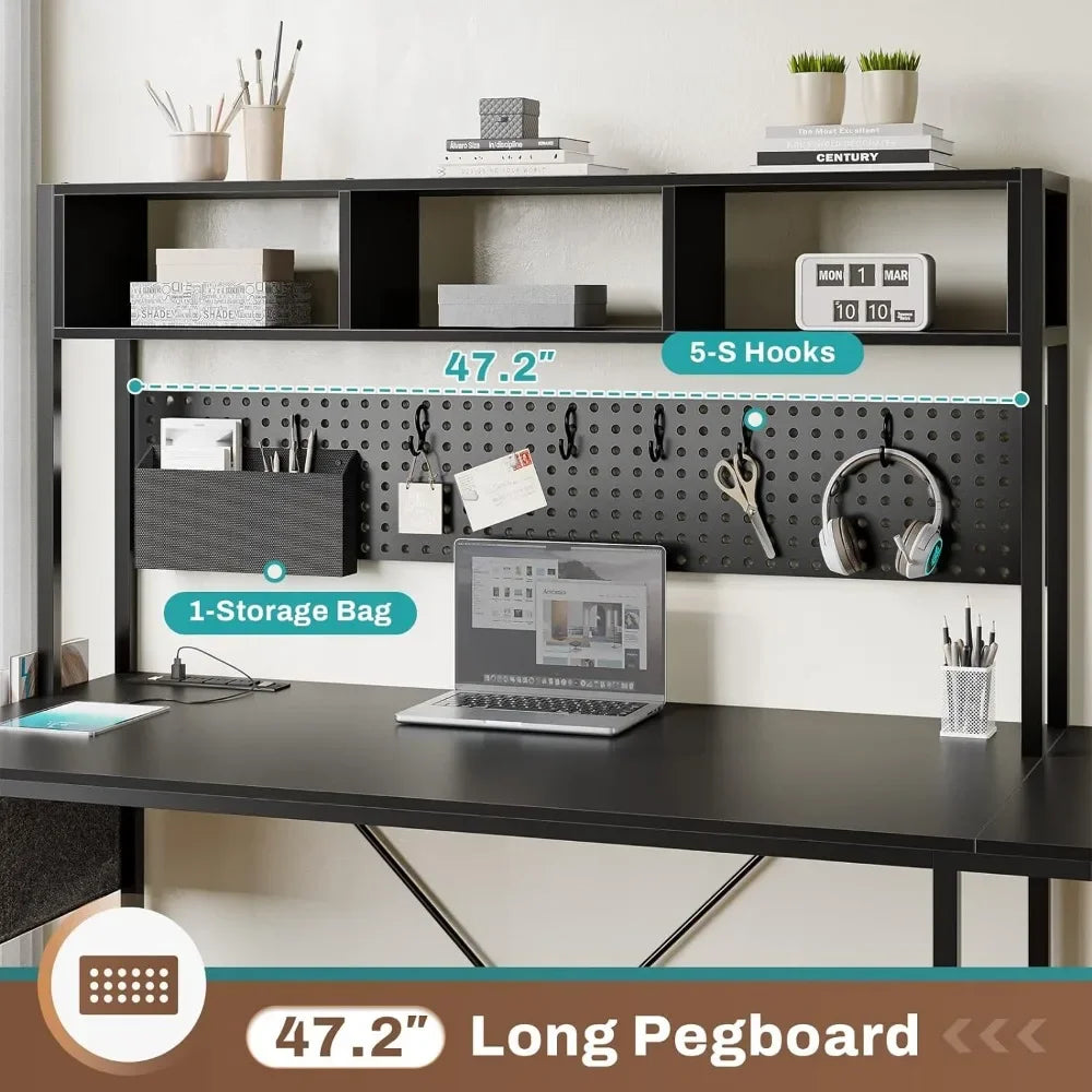 L-Shaped Gaming Desk with Power Outlets, Pegboard, and Reversible Layout (94.5” Work Surface)
