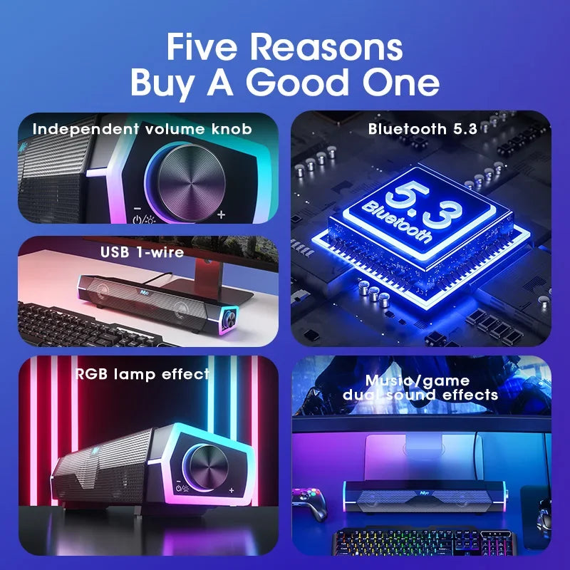 StudioGlow™ RGB Soundbar – 4D Surround Bluetooth Desktop Speakers with Subwoofer Boost