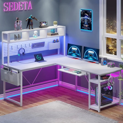 L-Shaped Gaming Desk with Power Outlets, Pegboard, and Reversible Layout (94.5” Work Surface)