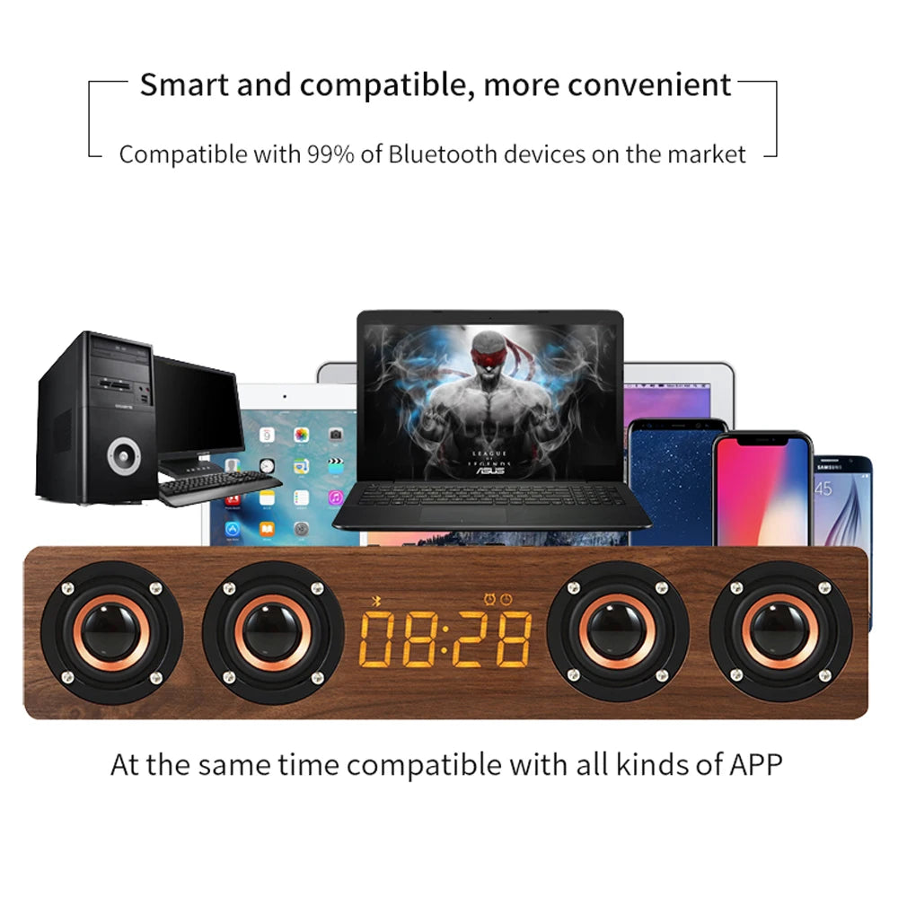 TimberTune™ Wooden Bluetooth Speaker Clock – Rechargeable with Subwoofer, Alarm, & RGB Light Options