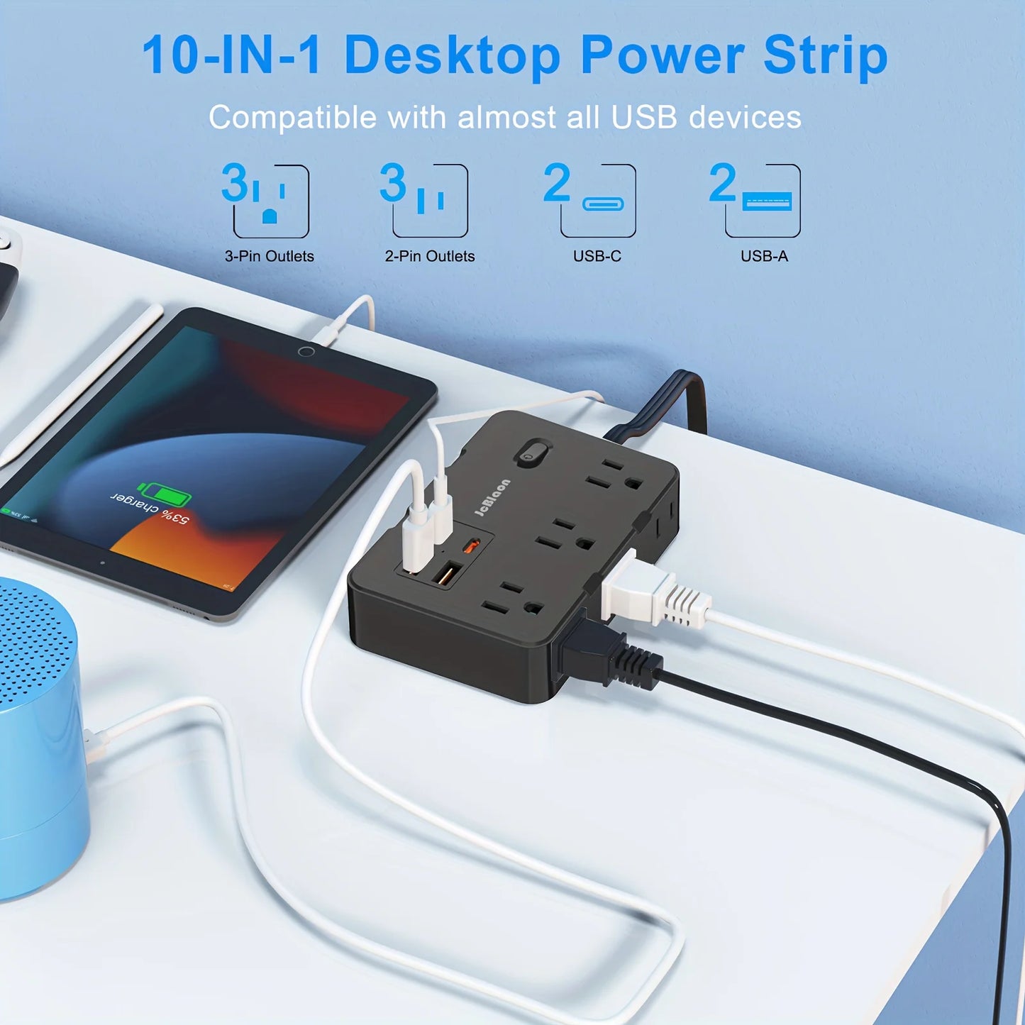 Ultra Thin Flat Plug Extension Cord with 4 USB Ports (2 USB-C), 6 Outlets – 5ft