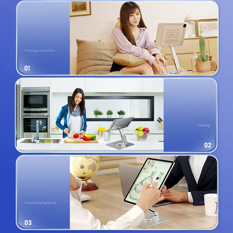 360° Aluminum Tablet Stand | Foldable Desk Riser with Adjustable Height & Angle