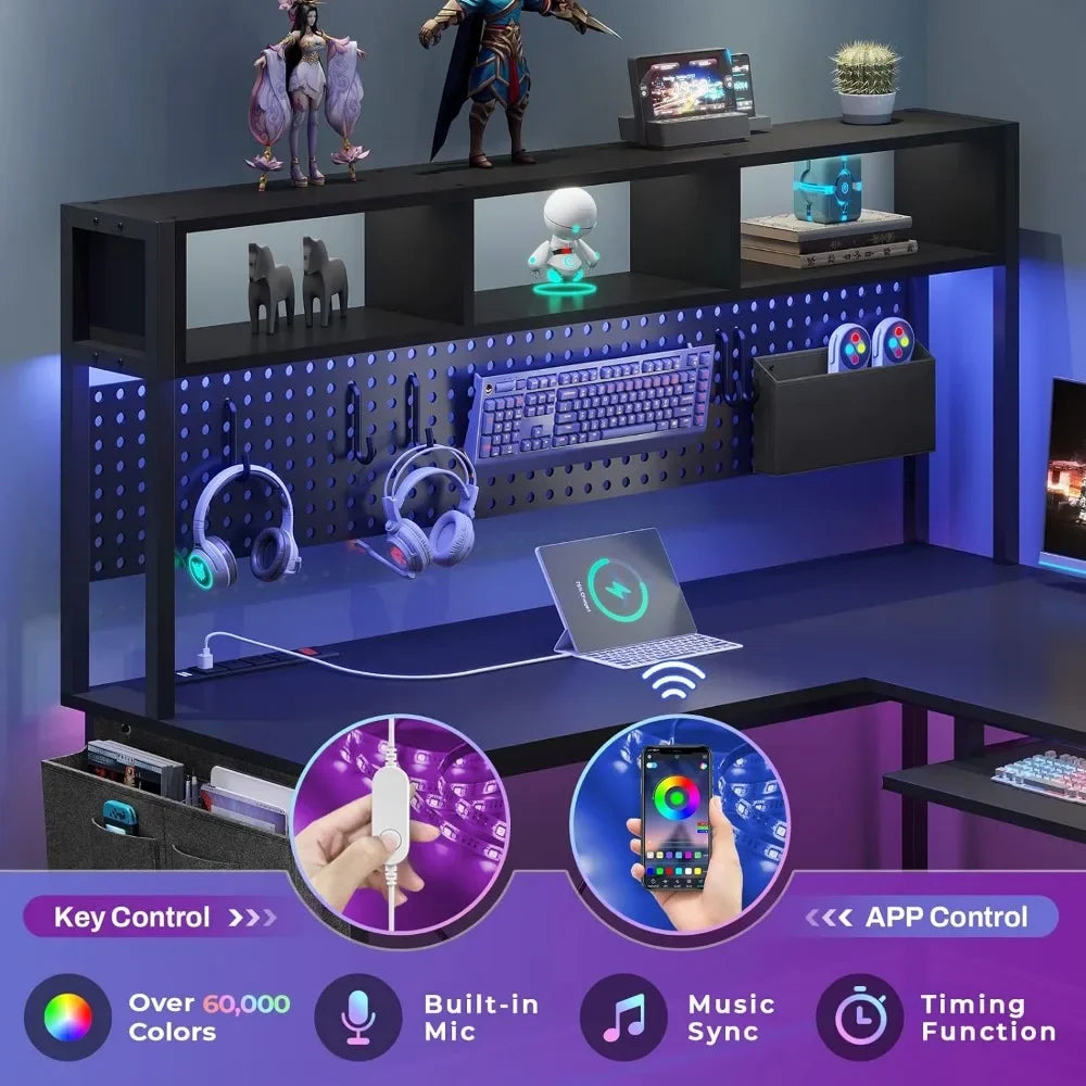 L-Shaped Gaming Desk with Power Outlets, Pegboard, and Reversible Layout (94.5” Work Surface)