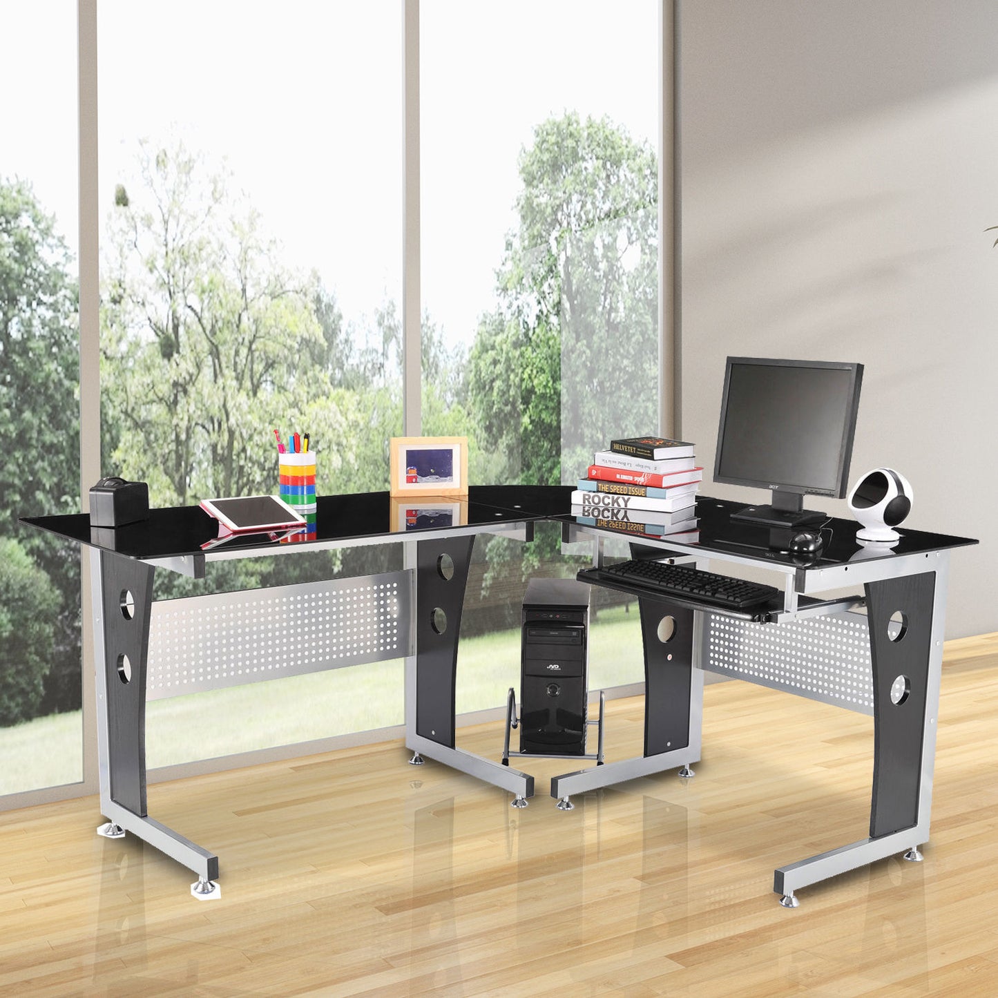64 inch Modern Glassed-Topped L-Shaped Corner Desk with Interchangeable Sides