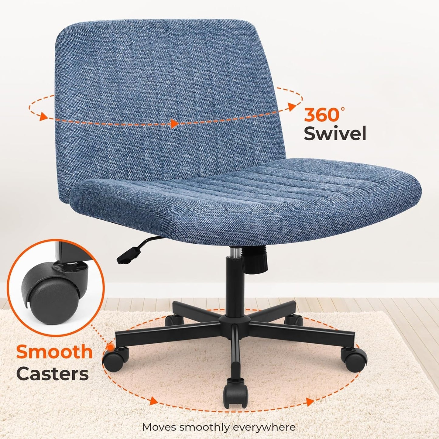 Armless Cross-Legged Office Chair with Wheels – Wide Seat, Tilt & Adjustable Height
