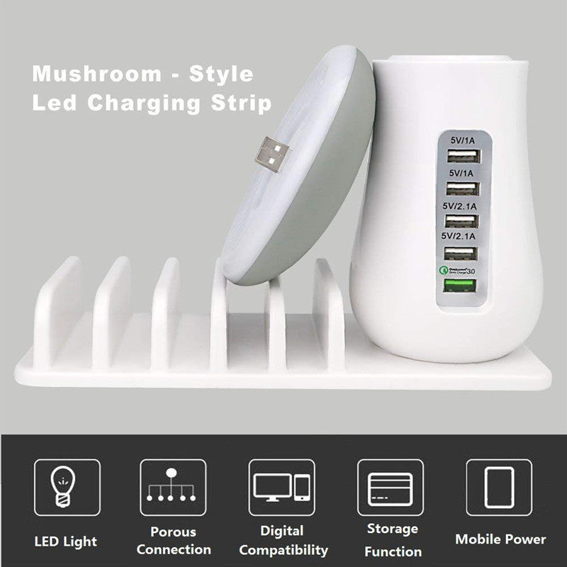 Mushroom Lamp | USB Charging Dock with LED Glow + 4-Port Fast Charging