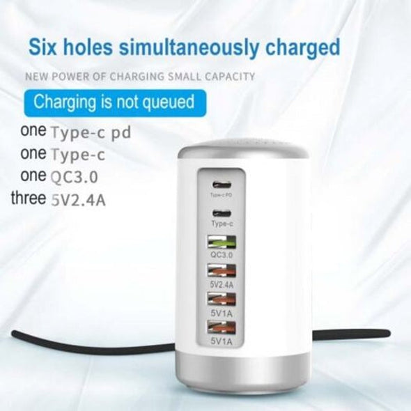6-Port Cylindrical USB Charger – 65W Fast Charge Tower with QC3.0 & Type-C