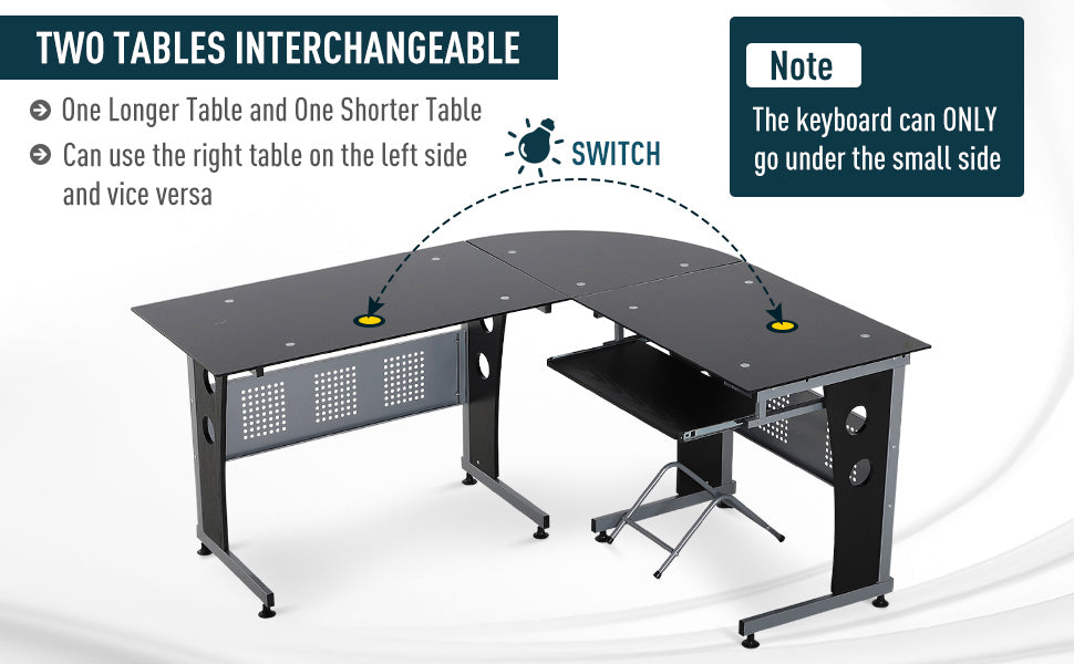 64 inch Modern Glassed-Topped L-Shaped Corner Desk with Interchangeable Sides
