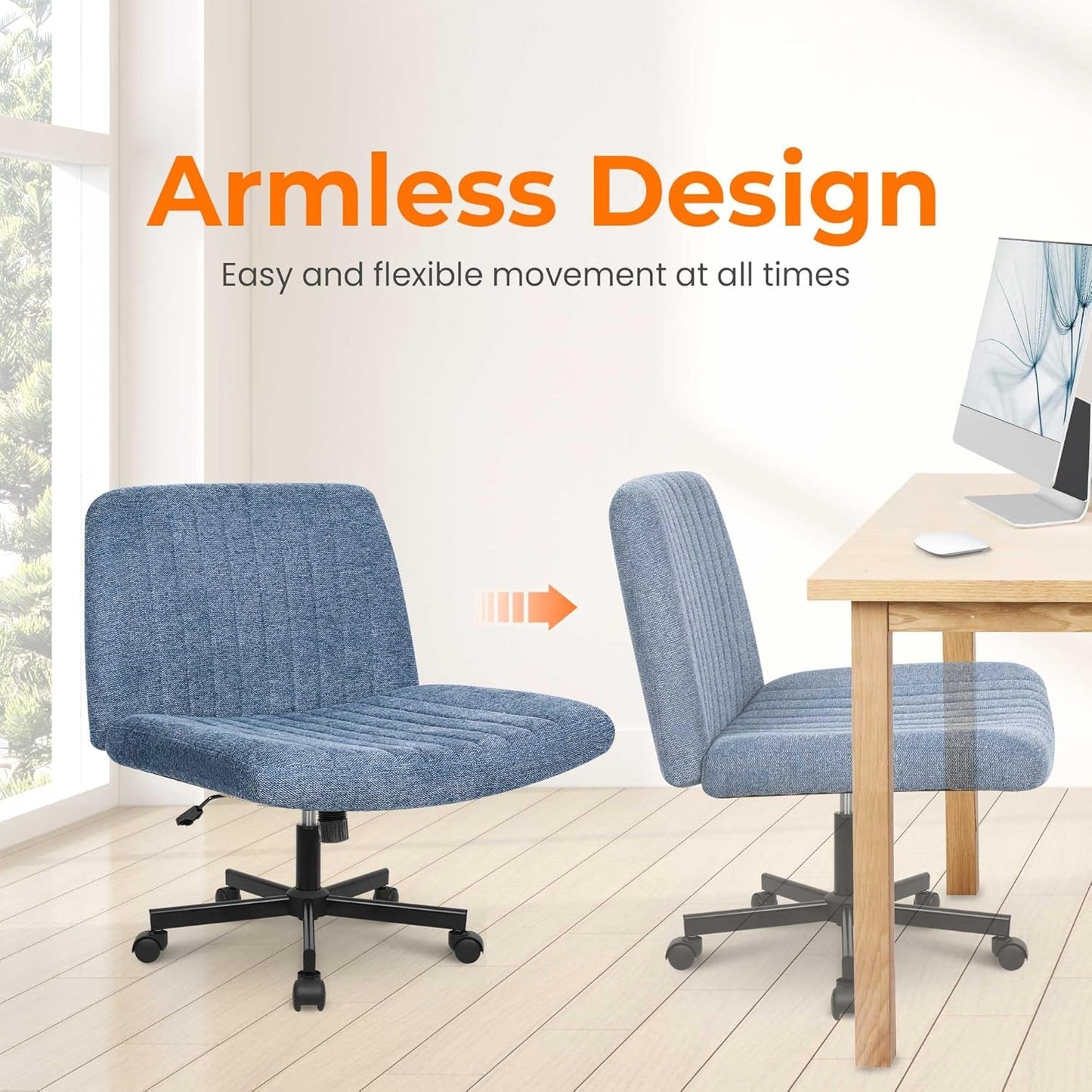 Armless Cross-Legged Office Chair with Wheels – Wide Seat, Tilt & Adjustable Height