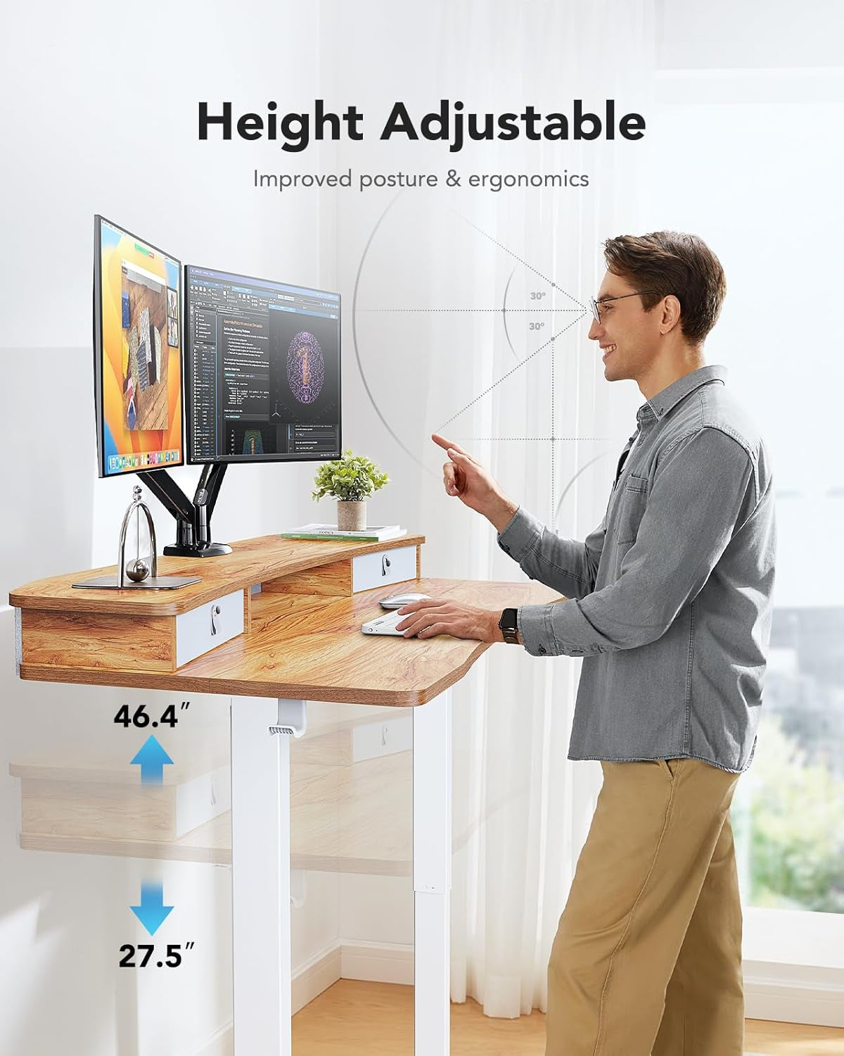48″ X 24″ Electric Standing Desk with 2 Drawers, C-Clamp Mount