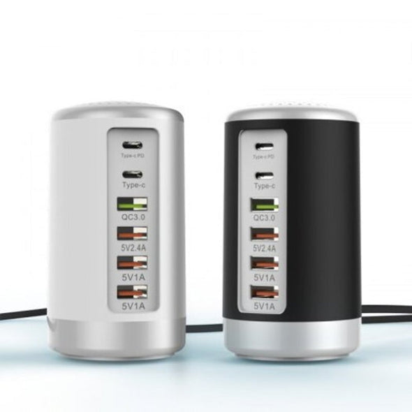 6-Port Cylindrical USB Charger – 65W Fast Charge Tower with QC3.0 & Type-C