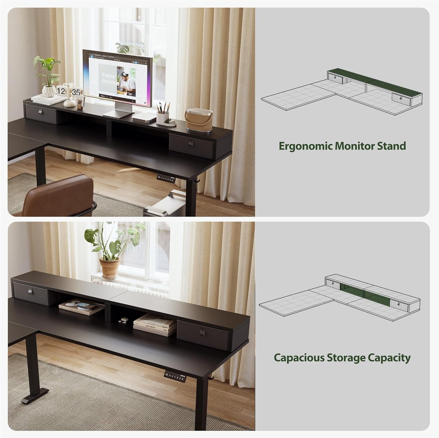 L-Shaped Electric Standing Desk | 63” Ergonomic Motorized Desk with Dual Drawers