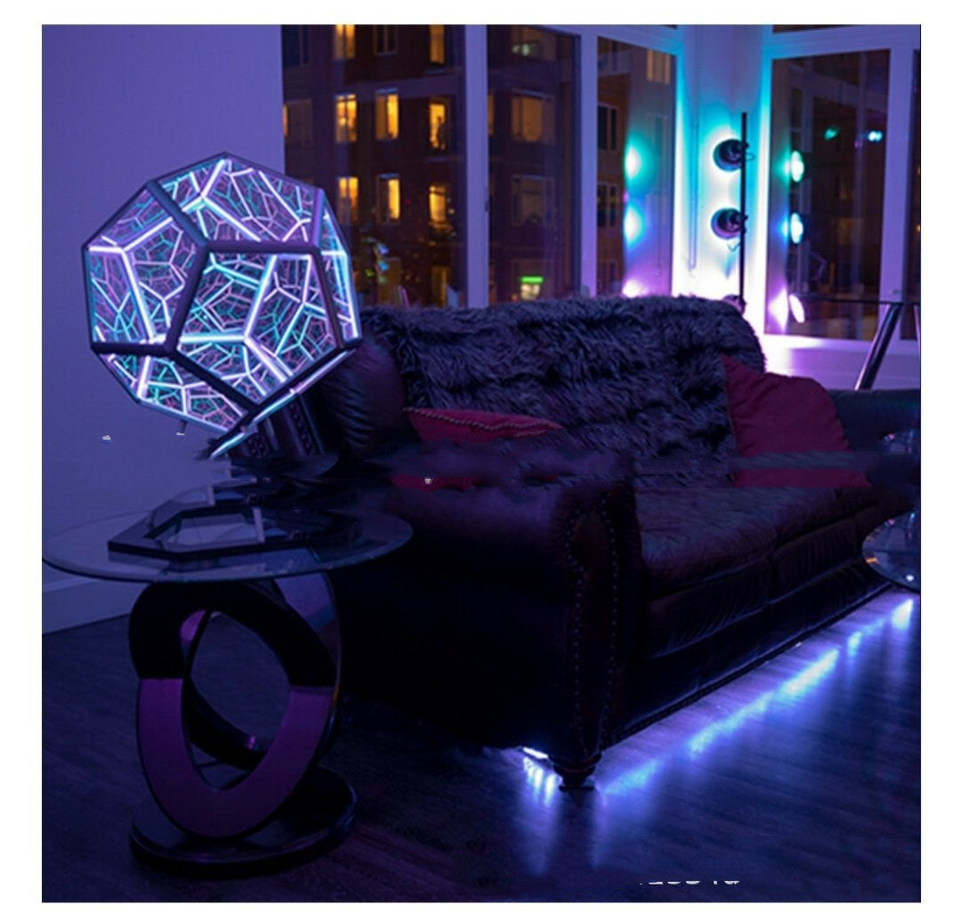 Infinite Dodecahedron Table Lamp | Geometric LED Art Light with Mirror Illusion