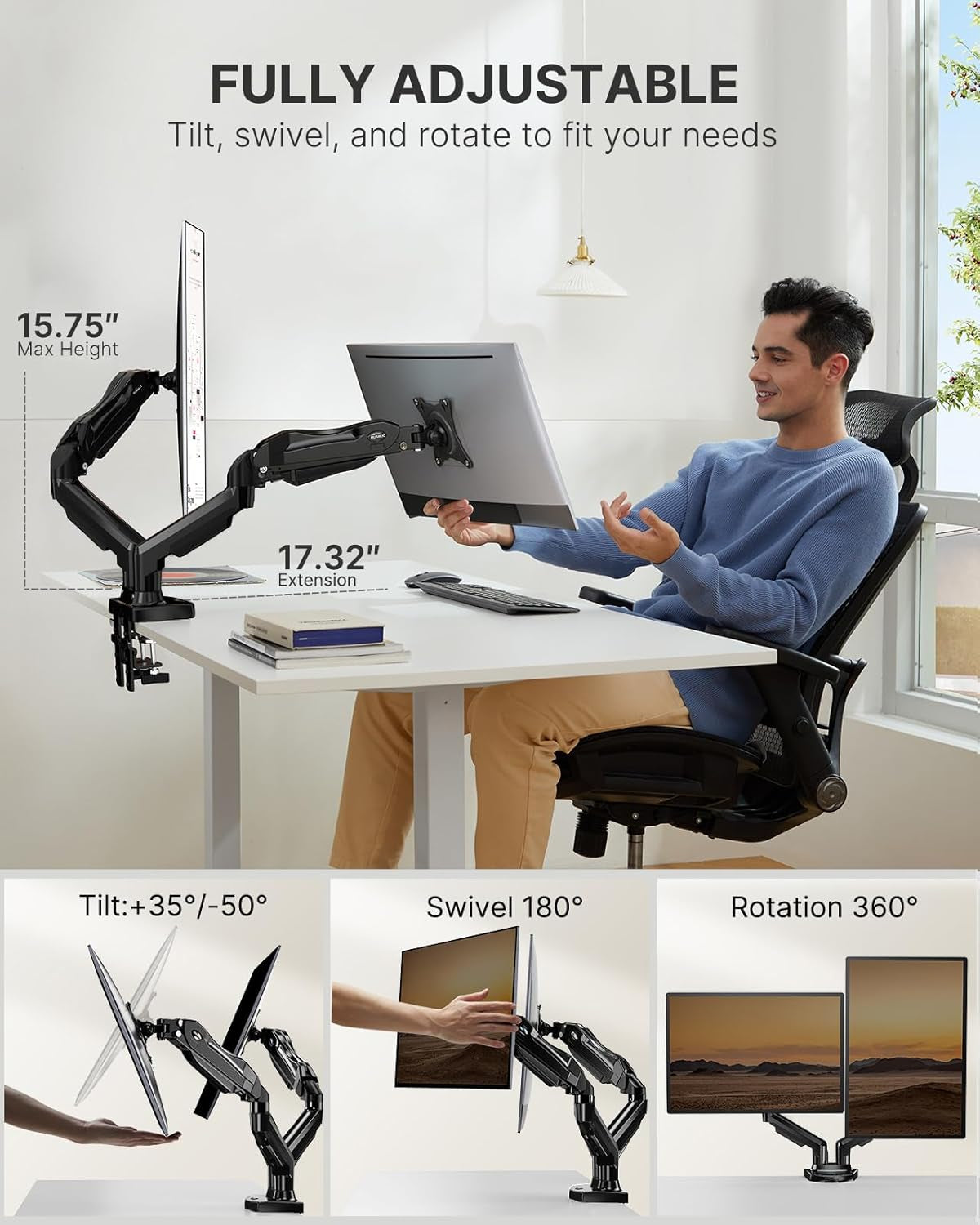 HUANUO Dual Monitor Desk Mount – Adjustable Gas Spring Arm for 13”-32” Screens