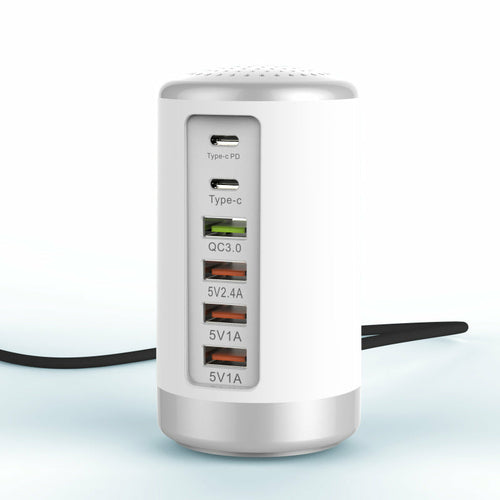 6-Port Cylindrical USB Charger – 65W Fast Charge Tower with QC3.0 & Type-C