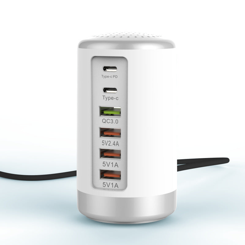 6-Port Cylindrical USB Charger – 65W Fast Charge Tower with QC3.0 & Type-C