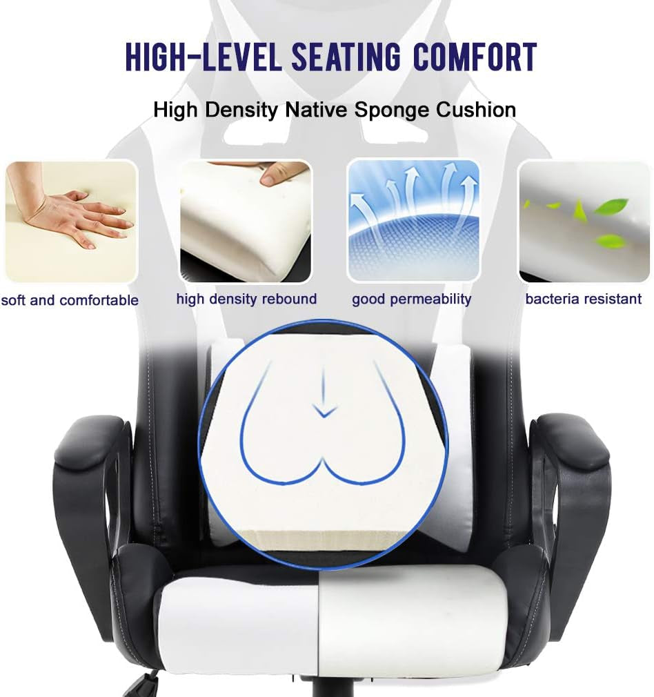 White & Black Ergonomic Gaming Chair – High-Back Recliner with Lumbar Support & Tilt Lock