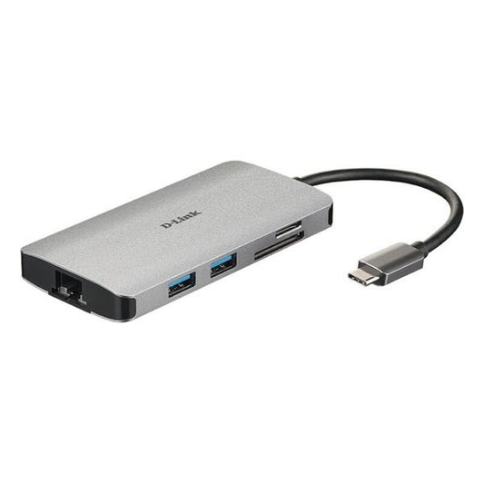 D-Link DUB-M810 8-in-1 USB-C Hub – Silver Aluminum Dock with HDMI, Ethernet, SD, and Thunderbolt 3